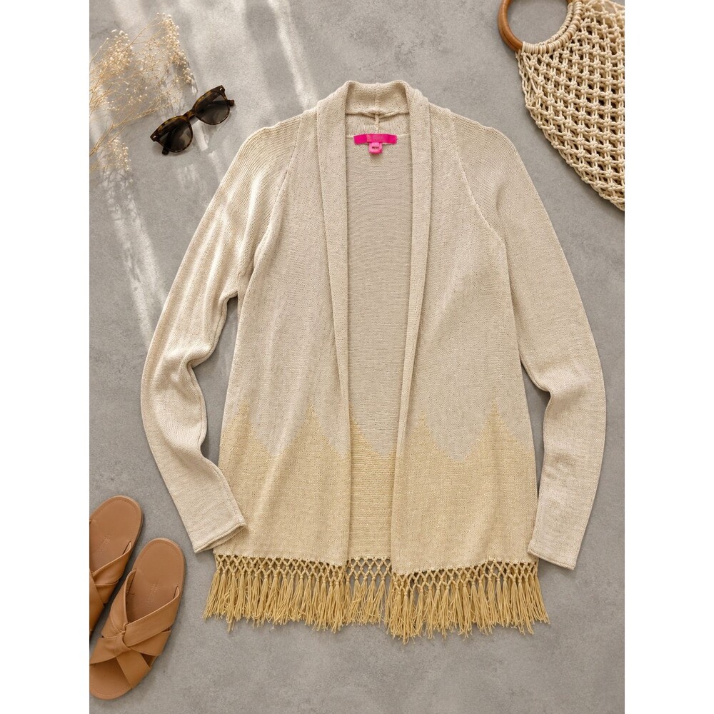Lilly Pulitzer Tatum Cardigan Cream Fringe Open Front Sweater Boho Coastal, M